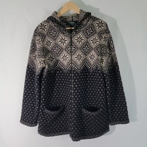 Lauren Ralph Lauren VTG Women Hooded Sweater Sz L 100% Lambswool Gray Aztec Zip